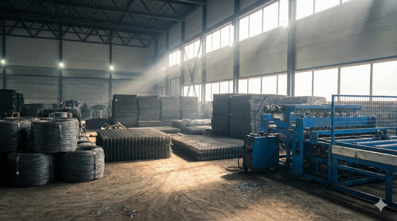 Склад готовой продукции ООО Базис — сварные сетки в стопках и арматурная проволока в бухтах